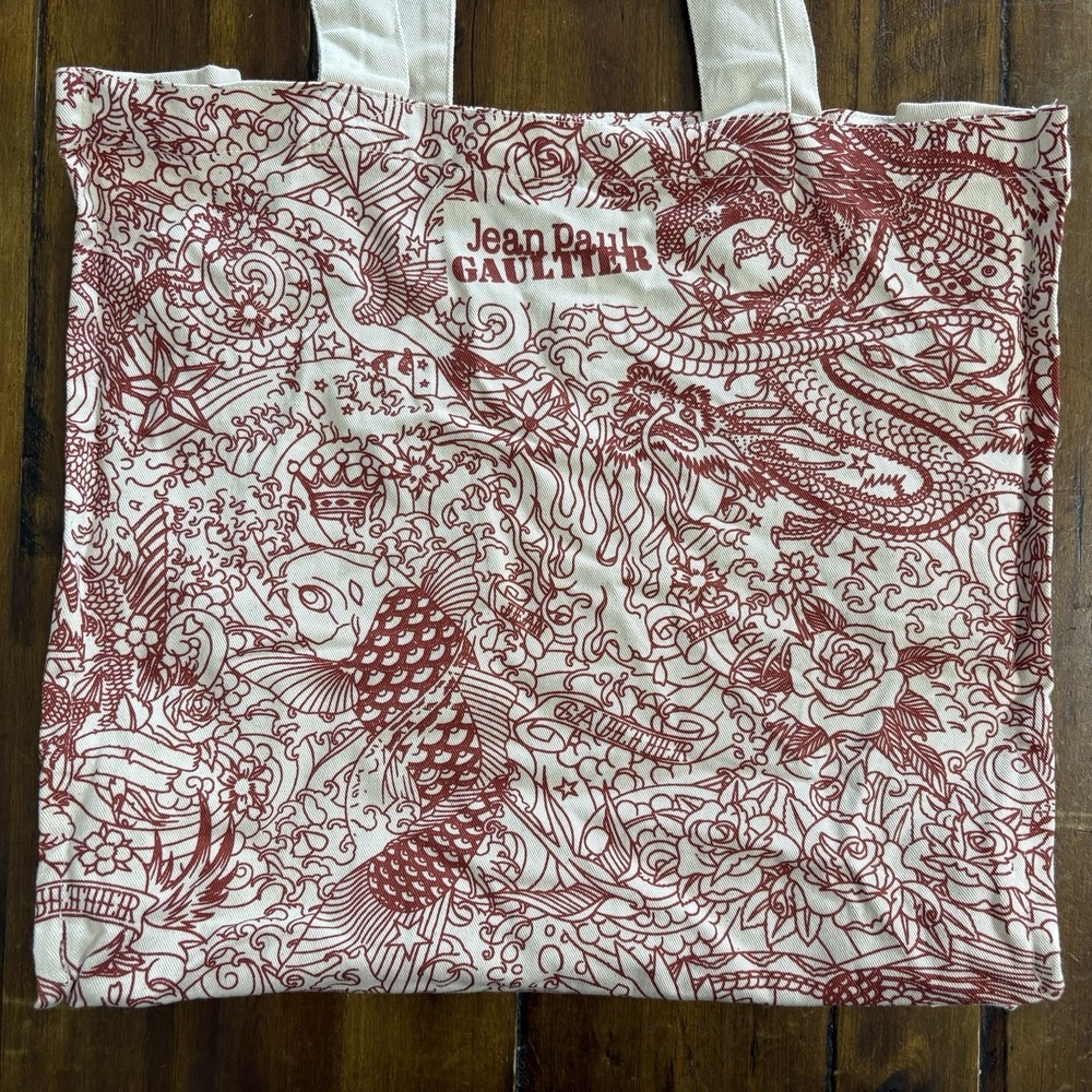 Jean Paul Gaultier Tattoo Style Tote Bag Red & Beige Canvas Shoulder Woven - Picture 3 of 12